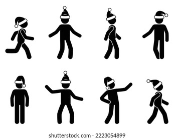 Happy stick figure man in Santa hat vector illustration set. Stickman holiday celebration icon silhouette pictogram