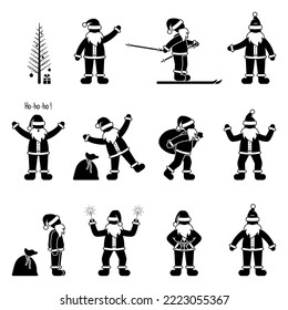 Happy stick figure man Santa Claus holidays celebration vector icon illustration pictogram set