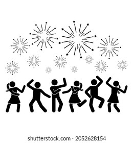Happy stick figure man and woman dancing hands up night club fireworks vector illustration icon set. Stickman enjoying, jumping, having fun, party silhouette pictogram on white