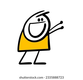 Happy stick figure person with rising up hands in delight. Vector illustration of child needs hugs. Funny character isolated on white background.