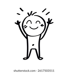 happy stick figure with raised arms illustration, doodle childish vector illustration
