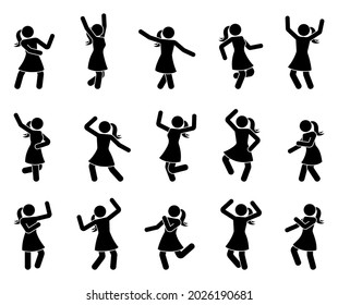 Happy stick figure woman dancing hands up different poses vector icon set. Stickman girl enjoying, jumping, having fun, party silhouette pictogram on white