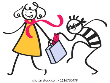 Happy stick figure woman with shopping bag, pickpocket sneaking up on and stealing from her isolated on white background