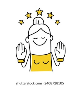 Happy stick figure, woman surrounded by stars. Cartoon style. Vector illustration.