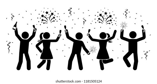 Happy stick figures celebrating New Year night icon. Men and women firework, serpentine, sparkler pictogram