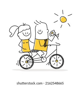 Happy stick figures couple riding tandem bicycle. Doodle style. Vector illustration.