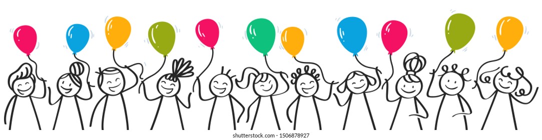 Happy stick figures holding colorful balloons, banner