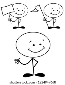Happy stick man with flag and sign