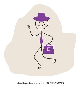 happy stick man in a hat, tie and carrying a briefcase hurries to a business meeting, businessman, sketch, liquid background