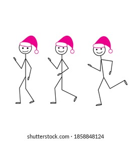 Happy stick man in Santa Claus hat in various poses stands, walks, runs. It can be used for making new year's greetings.