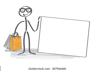 Happy Stick man with shopping bags holding a credit card 