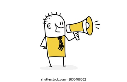 Happy stick man speaking through megaphone. Hand drawn vector illustration.