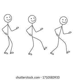 Happy stick man stands, walks, runs isolated on white background