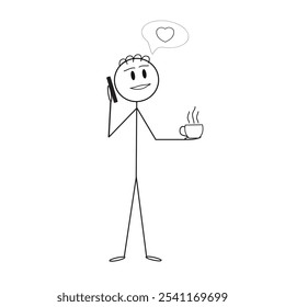 homem vara feliz falando no telefone, com uma xícara de café, pictograma de uma figura humana, emoções, ilustração vetor plana