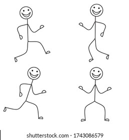 happy stick man in various poses isolated on white background