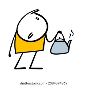 Happy stickman boy holds  kettle of boiling water in his hand and is going to brew black and green tea. Vector illustration of teapot with coffee drink and housework by man. Cartoon isolated on white.