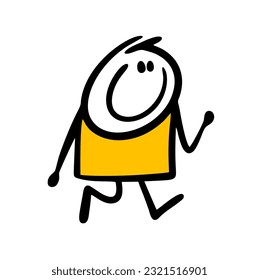 Happy stickman boy walking outdoor in positive mood. Vector illustration of joyful running man full of enegry. Hand drawn stick figure character isolated on white background.