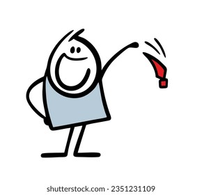 Happy stickman enthusiastically removes the tie from the business suit and throws it away. Vector illustration of glad employee who quit an office job. Cute character isolated on white background.