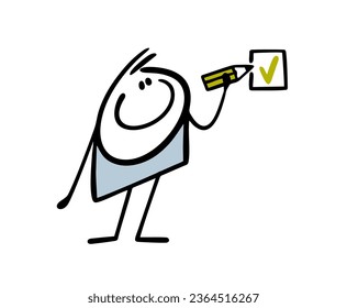 Happy stickman holds a pencil and puts a consent sign in a square. Vector illustration of doodle man confirms the document in writing. Funny character isolated on white background.