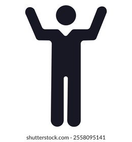 Happy stickman icon pictogram. Human figure icon, black silhouette, raised arms, celebratory pose, simple geometric shapes, white background.