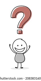 Feliz stickman con signo de interrogación. Concepto de negocio. Vector