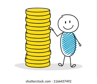 Happy stickman with rising coin stack. Vector.