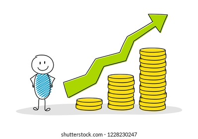 Happy stickman with rising coin stack graph. Vector.