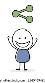 Happy stickman with share - social media symbol. Vector