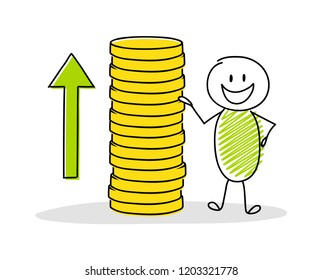 Happy stickman showing coin stack. Vector.