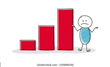 Happy stickman showing column chart. Vector.