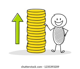 Happy stickman showing money stack. Vector.