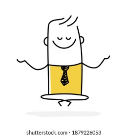 Happy Stickman Sitting In Lotus Position. Vector Illustration.