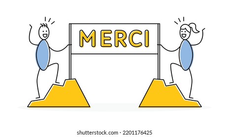 Happy Stickman Or Stick Figure Holding A Banner With The French Word Merci. Thankful Concept Vector Illustration.