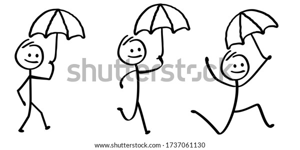 Happy stickman with umbrella in the rain Emoji icons Funny comic stick