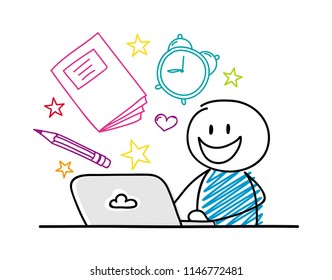 Happy stickman working on laptop - school concept with accessories. Vector.