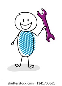 Happy stickman with wrench (work concept) icon. Vector.