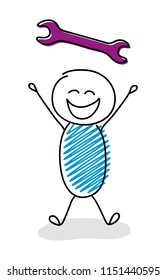 Happy stickman with wrench (work concept) icon. Vector.