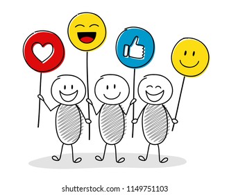 Happy stickmen holding balloon with social media icons. Vector.