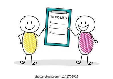 Happy stickmen holding to do list. Vector.