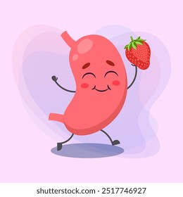 Happy stomach cartoon character with strawberry vector illustration. Healthy digestive human organ. Health care, nutrition, emotion concept for banner or web design