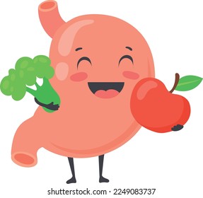 Happy stomach with fresh vegetables and fruits. Healthy nutrition isolated on white background