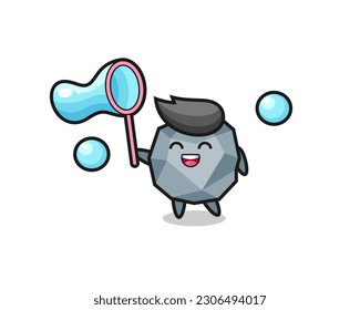 happy stone cartoon playing soap bubble , cute style design for t shirt, sticker, logo element