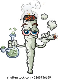 A Happy, Stoned Marijuana Joint Cartoon Character Holding A Water Bong