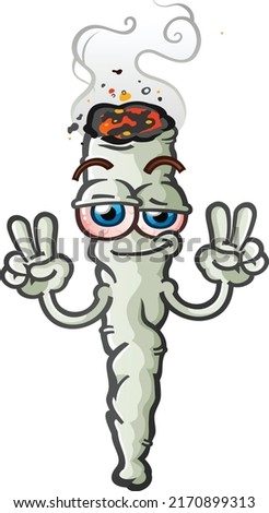 A happy, stoned marijuana joint cartoon character flashing a peace sign hand gesture