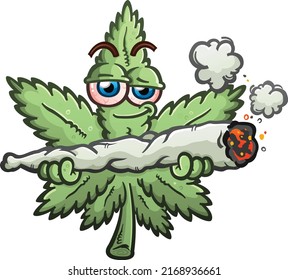 A Happy, Stoned Marijuana Leaf Cartoon Character Holding A Massive Burning Joint With Puffs Of Smoke