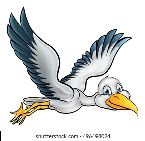 Happy stork bird animal cartoon character flying through the air