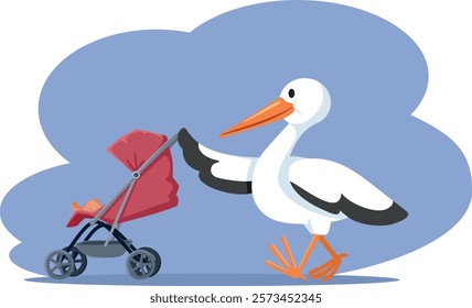 
Happy Stork pushing a Stroller Vector Cartoon Design
Pregnancy or baby shower announcement vector illustration
