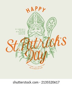 Feliz día de San paddy. Apóstol irlandés con personal y tipografía vintage de shamrock.