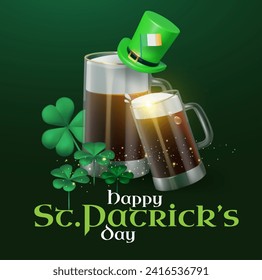 Happy St.Patrick s Day background with shamrock clover leaf, leprechaun hat, coins, beer mug and Irish flag. Luck and success. Irish bar design