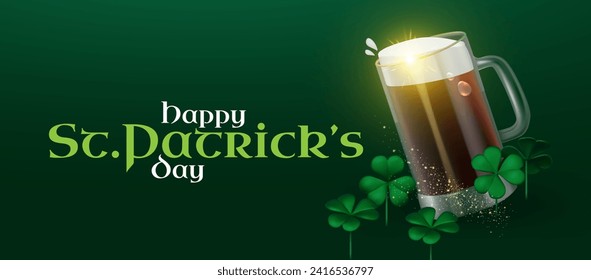 Happy St.Patrick s Day background with shamrock clover leaf, leprechaun hat, coins, beer mug and Irish flag. Luck and success. Irish bar design